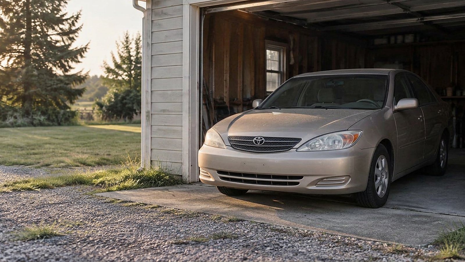 An older used car parked at the doorway of a garage, evoking a vehicle whose ownership paperwork is missing.