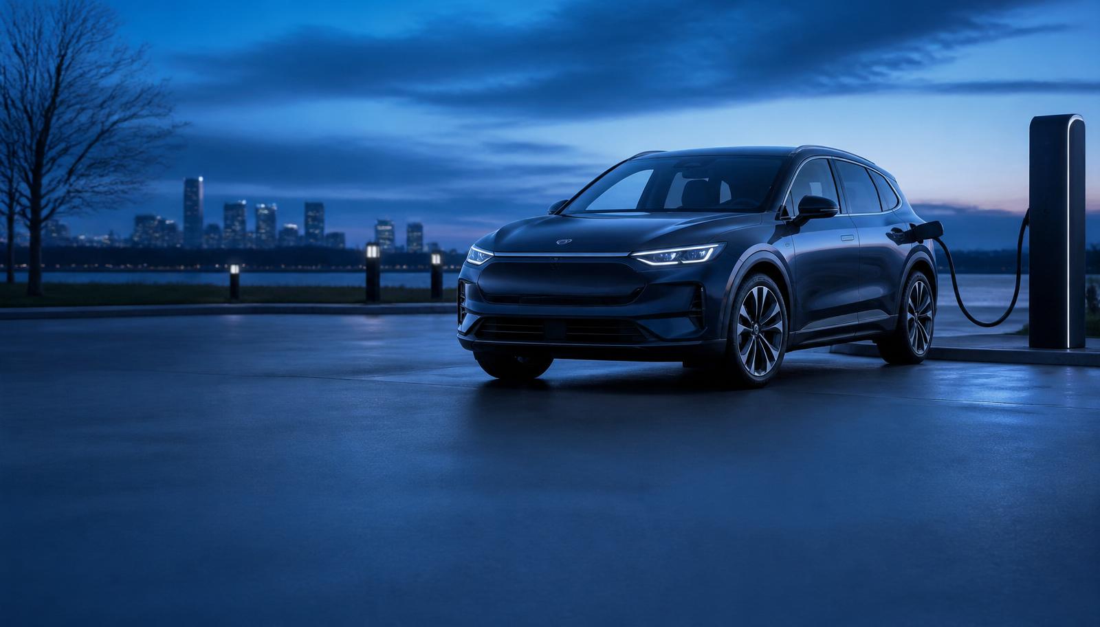 A modern electrified vehicle plugged into a charging station.