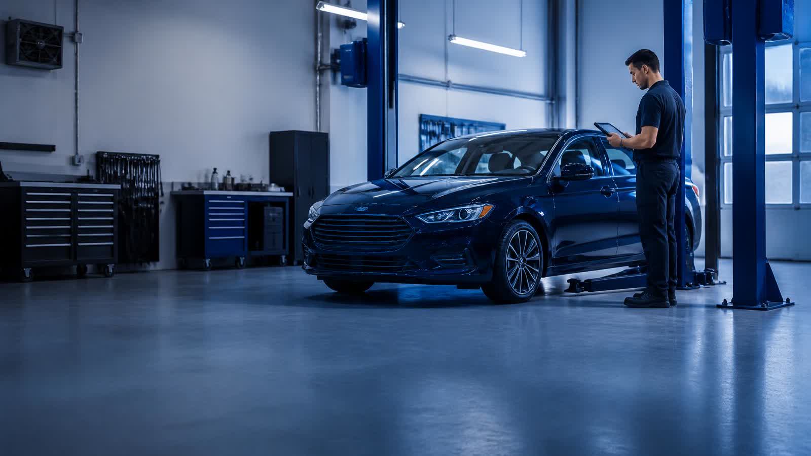 A used car in a service bay being checked for open safety recalls.