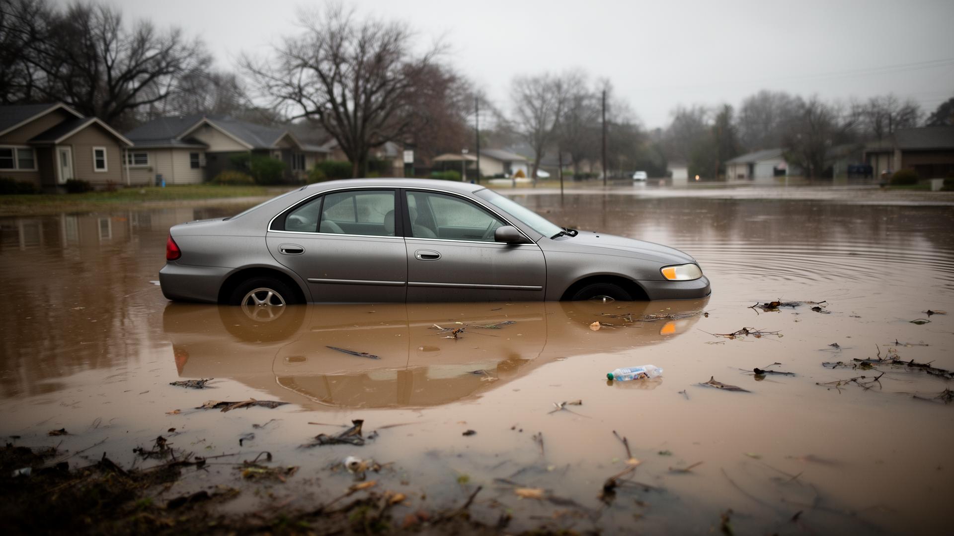 A sedan stranded in muddy floodwater on a residential street.