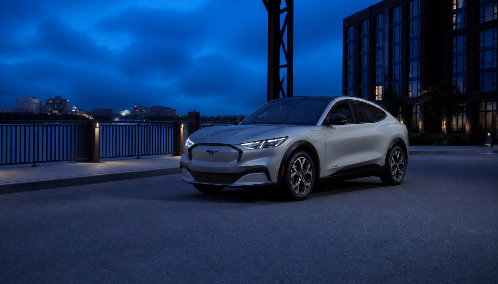 Ford Mustang Mach-E electric SUV, three-quarter front view.