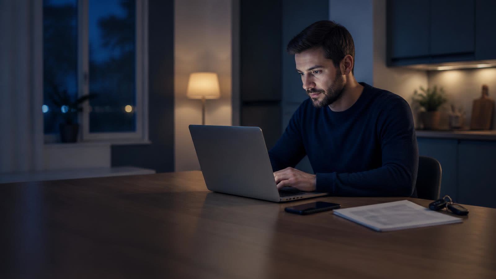 A person reviewing a used-car listing on a laptop at home before buying.