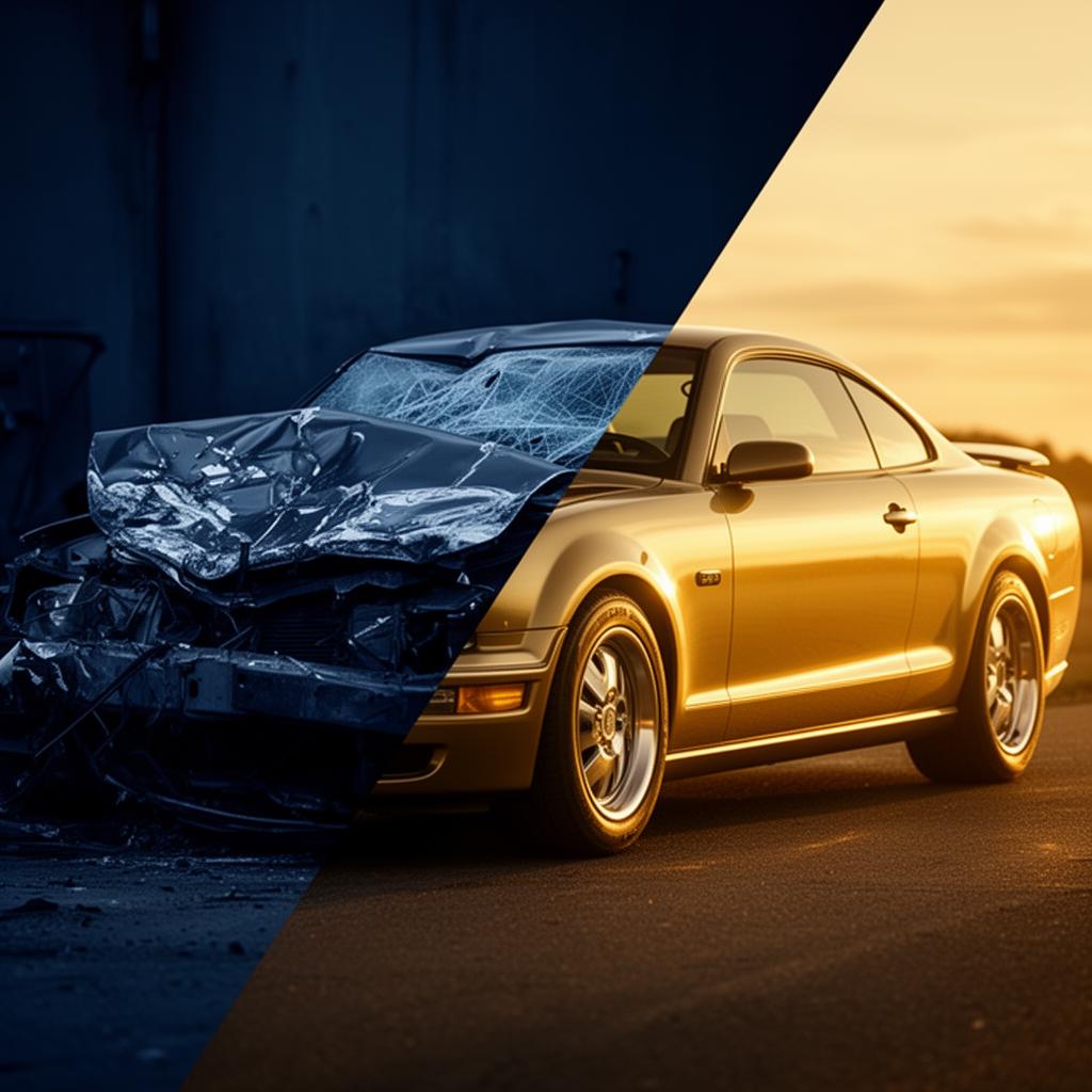 Salvage title certificate alongside a rebuilt-titled sedan in a body shop bay, illustrating the difference between salvage and rebuilt titles.