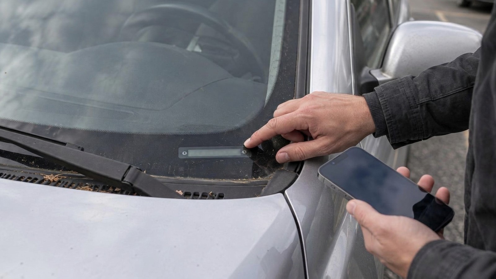 A vehicle identification number plate seen through the windshield of a used sedan.