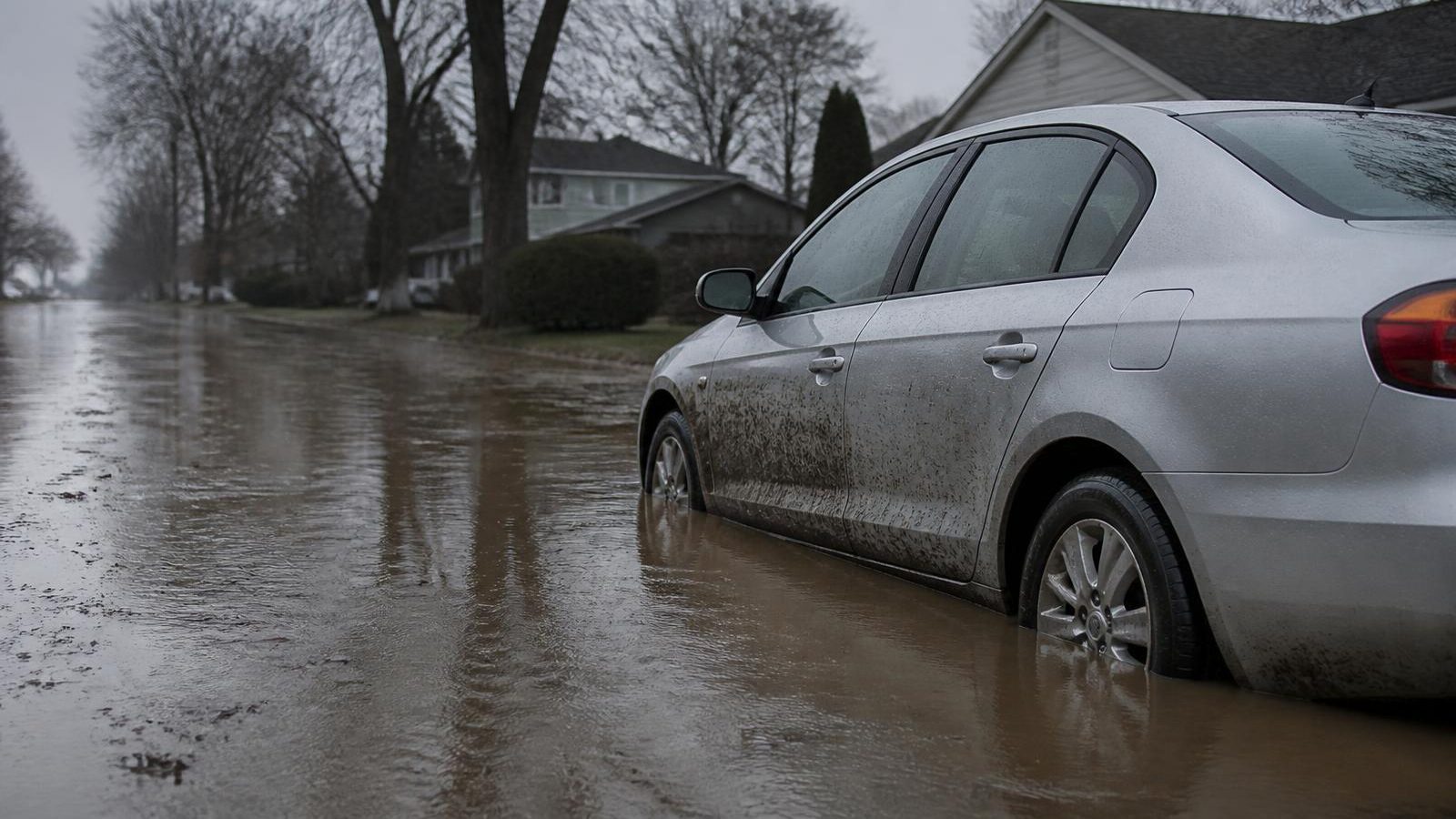 A modern sedan parked in shallow floodwater on a residential street after a storm.